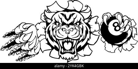 Tiger Angry Pool 8 Ball Billard Maskottchen Cartoon Stock Vektor