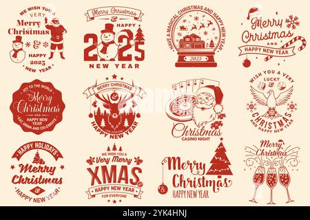 Set von Lucky Christmas Casino Night. Vintage-Druck, Logo, Badge-Design mit weihnachtsmann, Casino-Würfel, Schneemann, Poker-Spielkarte, Spielautomaten und Stock Vektor