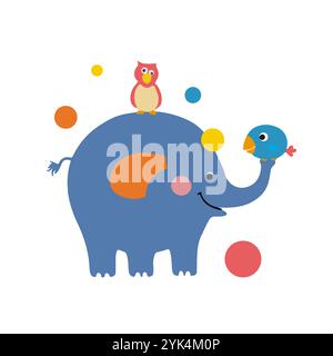 Niedlicher Comic-Elefant, der mit Vögeln Ball spielt. Vektorabbildung Stock Vektor
