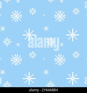 Nahtloses Pixel-Art-Schneeflocken-Muster. Weihnachtlicher Hintergrund mit Mosaik fallendem Schnee. Vektor-quadratische Kachel Hintergrund wiederholen Winter-Illustration Stock Vektor