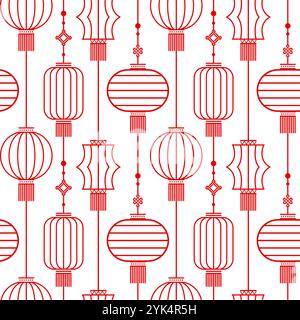 Ein durchgängiges Design mit chinesischen Papierlaternen und Glücksknoten, das den Geist des chinesischen Neujahrs und des Mid-Herbstfestes widerspiegelt. Diese Wohnung Stock Vektor