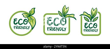 Entdecken Sie innovative umweltfreundliche Logos mit Blattdesign für nachhaltige Produkte. Vektorabbildung im Skizzenstil. Ökologisches lokales Essen Stock Vektor