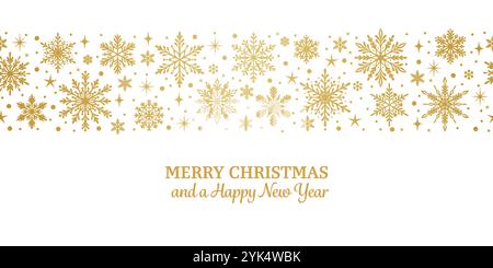 Goldener Farbverlauf Frohe Weihnachten Grußkarte Design, nahtlos wiederholte Schneeflockenrand, Winterferien, weiß und Gold Stock Vektor