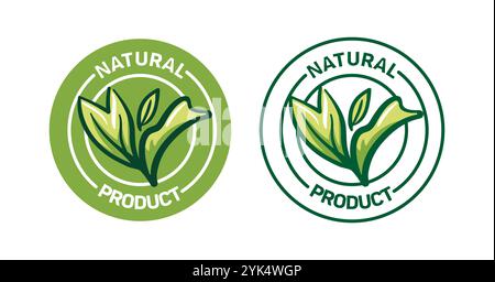 Stickerset für Naturprodukte. Vektorabbildung im Skizzenstil. Grüne Blätter von Pflanzen. Ökologisches lokales Essen. Etiketten für Bio-Naturprodukte. Stock Vektor