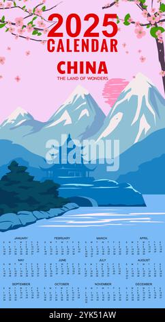 Monatskalender 2025 China, Vintage-Poster Frühlingslandschaft Stock Vektor