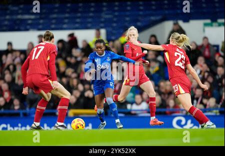 Evertons Toni Payne (Mitte) und Liverpool's Gemma Bonner (rechts) kämpfen um den Ball während des Spiels der Barclays Women's Super League im Goodison Park, Liverpool. Bilddatum: Sonntag, 17. November 2024. Stockfoto