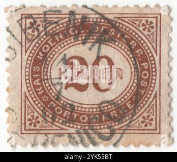 ÖSTERREICH — 1899: 20 heller braune Briefmarke der österreichischen Monarchie. Zahl (Ziffer) in einem ovalen Rahmen mit geometrischem und floralem Ornament Stockfoto