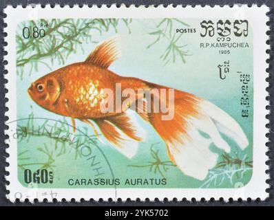 Von Kambodscha gedruckte gestempelte Briefmarke, die Goldfisch (Carassius auratus auratus) zeigt, um 1985. Stockfoto