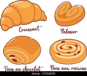 Französische Gebäckkarikaturen, traditionelle Backwaren-Desserts. Croissant, Pain au Chocolat, Pain aux Rosinen, Palmier. Vektorzeichnungsset. Stock Vektor