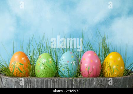 Bunte Ostereier im Blumentopf mit Gras auf blauem Himmel Hintergrund. Kopierbereich Stockfoto