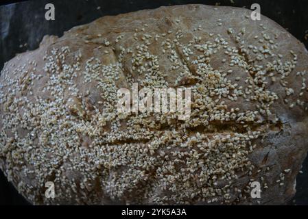 Essen, hausgemachtes Weißbrot mit Sesamsamen befindet sich auf einem schwarzen Blech. Flauschiges Brot, Brötchen zuhause. Stockfoto