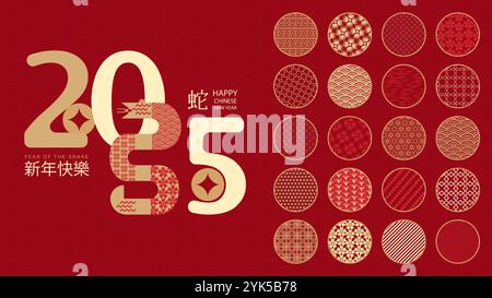 Chinesisches Neujahr 2025, Jahr der Schlange. Chinesisches Neujahrsbanner mit Schlange und traditionellen Mustern auf rotem Hintergrund. Übersetzung aus Chi Stock Vektor