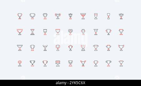 Gewinner Trophäenpokal, Erfolg und Ehre Preis, Preis des Champions in Wettbewerb, Turnier oder Contest Line Symbol Set. Goldene Kelche des Sieges dünne schwarze und rote Umrisssymbole Vektor-Illustration Stock Vektor