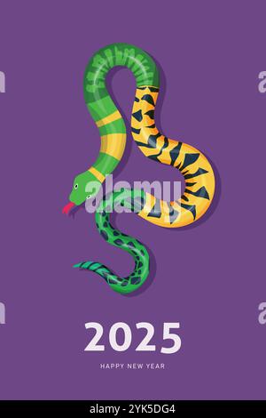 Chinesisches Neujahrsschlange 2025 modernes Kunstdesign-Set für Branding-Cover, Grußkarte, Poster, Banner. zodiac-Symbol. Violette und grüne Farben Stock Vektor