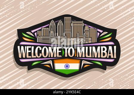 Vektor-Logo für Mumbai, schwarzer dekorativer Tag mit Linienillustration der städtischen asiatischen mumbai Stadtlandschaft auf nächtlichem Himmel Hintergrund, Kunstdesign horizonta Stock Vektor