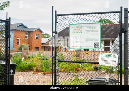 Sankofa Community Development Cooperation zielt darauf ab, den unteren neunten Bezirk von New Orleans, LA, aufzubauen, zu inspirieren und zu bedienen. Sie tun dies durch eine Vielzahl von Projekten, einschließlich eines Gemeindegartens, der als USDA People’s Garden ausgewiesen ist. Mitglieder der Gemeinschaft können im Garten arbeiten und frische, nahrhafte Lebensmittel erhalten, indem sie selbst ernten oder sie bei der Sankofa Food Bank abholen. Erfahren Sie mehr über die People’s Gardens des USDA hier: www.usda.gov/peoples-garden 4/29/2023 von USDA/Kirsten Strough Stockfoto