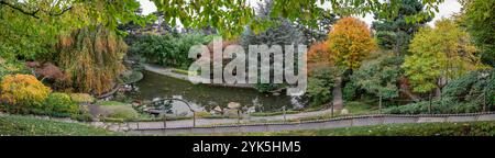 Boulogne-Billancourt, Frankreich - 11 12 2024: Albert Kahn's Garden. Pan9oramic Blick auf einen Koi-Teich, bunte Bäume und rote Ahornblätter in einem japanischen garten Stockfoto