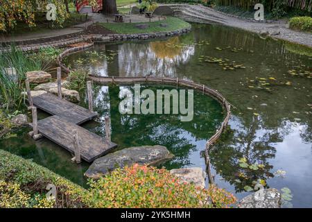 Boulogne-Billancourt, Frankreich - 11 12 2024: Albert Kahn's Garden. Pan9oramic Blick auf einen Koi-Teich, bunte Bäume und rote Ahornblätter in einem japanischen garten Stockfoto