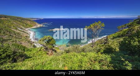 Meereslandschaft von Aussichtspunkt La Atalaya, Kantabrisches Meer, Miradores Küstenpfad, Natura 2000-Netzwerk, Naturschutzgebiet, Muros de Nalon, Principado de AST Stockfoto