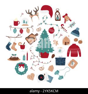 Vektor-Illustration einer runden Komposition mit weihnachtlichen Elementen, einschließlich einem Baum, Geschenken, Kerzen und Ornamenten, symbolisiert Feiertagsstimmung und festliche Dekoration Stock Vektor
