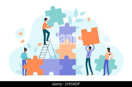 Zusammenarbeit im Team, um die Lösung von Rätseln und die Einheit des Erfolgs der Mitarbeiter des Unternehmens miteinander zu verbinden. Winzige Leute halten Puzzle-Stück, um in Turm kreatives Projekt zusammen zu passen und zusammenpassen Cartoon Vektor Illustration Stock Vektor