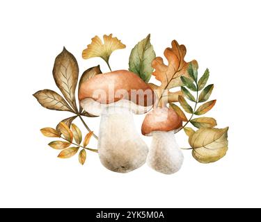 Boletuspilze mit Herbstlaub. Bolete, Stachelschweine. Aquarell Hand gezeichnet Wald Blumen isolierte Illustration für Herbst Design, botanische Karten, Co Stockfoto