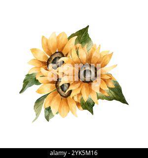 Sonnenblumenstrauß. Herbstgartenblüten. Aquarell handgezeichnet florale isolierte Illustration für Herbstdesign, botanische Karten, gemütliche Drucke Stockfoto