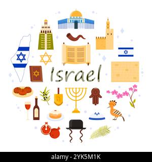 Jüdische Kulturelemente und berühmte Wahrzeichen, Flagge und Karte Israels, Symbole des Judentums in runden Infografiken mit Titel. Torah und hamsa, Dreidel und Falafel, Shofar-Cartoon-Vektor-Illustration Stock Vektor