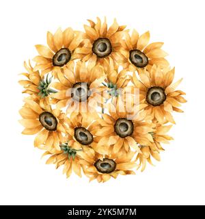 Sonnenblumen, runde Anordnung. Aquarell handgemalt Herbst florale isolierte Illustration für Herbst Design, gemütliche Drucke, Küchentextil, Wohnkultur, b Stockfoto