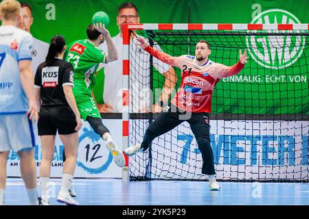 Lübecke, Deutschland. November 2024. V.l. Alexander Weck (GWD Minden, #73), Stefan Hanemann (TV Grosswallstadt, #21) beim Siebenmeter/7 Meter Wurf Credit: dpa/Alamy Live News Stockfoto