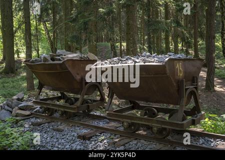 Bergbauwagen mit Steinen. Alte und verlassene Bergwerkswagen im Wald Stockfoto