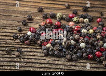 Pfefferkörner auf dunklem rustikalem Holzhintergrund. Mischung verschiedener Paprika Stockfoto