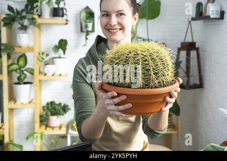 Grosser echinocactus Gruzoni in den Händen einer Frau im Inneren eines Grünhauses mit Regal-Sammlungen von Hauspflanzen. Eigenernte Stockfoto