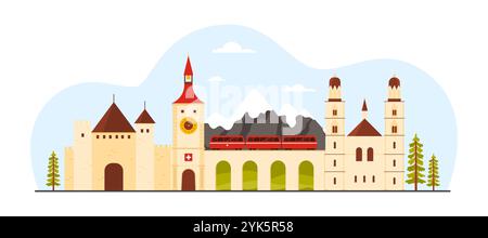 Reisen Sie in die Schweiz, Infografik-Collage mit berühmten Touristenattraktionen und Sehenswürdigkeiten. Schweizer Weltkulturerbe, Grossmunster Kirche und Schloss Chillon, Bernina Express Cartoon Vektor Illustration Stock Vektor