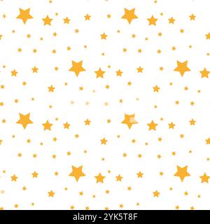Nahtloses Muster mit niedlichen gelben handgezeichneten Himmel mit Sternen auf weißem Hintergrund. Lustige festliche Geschenkpapier. Vektorgrafik. Stock Vektor