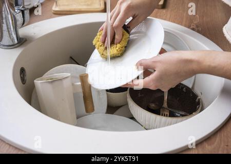 Frauenhände waschen den Teller unter fließendem Wasser. Dreckiges Geschirr im Waschbecken in der Küche, Chaos nach dem Mittagessen, zu faul, um Geschirr abzuspülen. Küchenreinigung Stockfoto