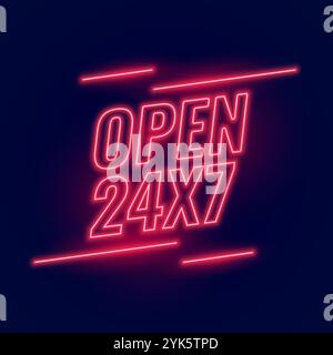Neon rot Namensschild für 24/7 Öffnungszeiten Stock Vektor