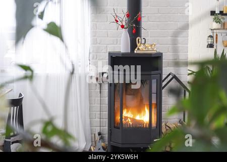 Valentinstag-Einrichtung in der Nähe eines Kaminofens mit Kamin und Brennholz. Gemütlicher Heim-Herd im Innenraum mit Topfplänen, Valentinstag im Familien-Liebesnest Stockfoto