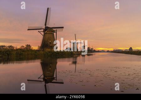 Sonnenaufgang auf dem Kinderdijk, Niederlande Stockfoto