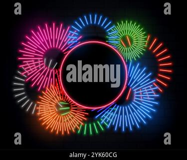 Feuerwerk feier Frame in Neon style und Text Raum Stock Vektor