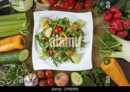 Gesunde Ernährung Hintergrund. Verschiedene Gemüsesorten und Salate mit Blattgemüse und Kirschtomaten auf weißem Teller Stockfoto