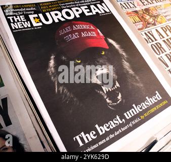 Donald Trump MAGA WIN - Zeitungen Schlagzeilen nach dem ehemaligen Präsidenten Donald Trump 2024 US-Präsidentschaftswahlen gewinnen und MAGA erheben. Stockfoto