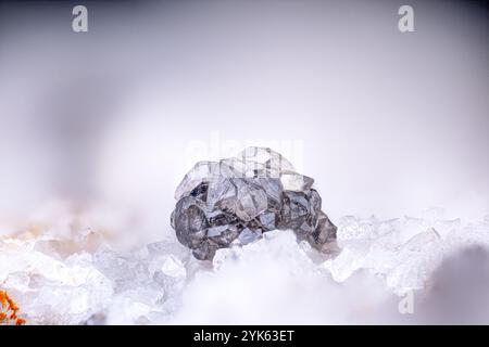 Grauer Cerussit auf weißem Quarz. Exemplar aus Mas Dieu, Laval-Pradel, Frankreich. Mikrofotografie extreme Nahaufnahme. Mikroskopische Mineralkristallisation Stockfoto