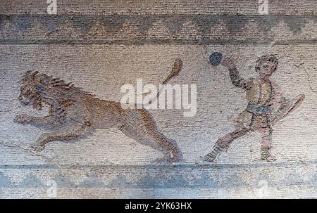 Haus des Dionysos, Paphos, Zypern: Jagdszene römisches Bodenmosaik mit einem Jäger und einem aufreibenden Löwen. Stockfoto