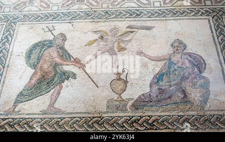 Neptun- und Amymone-Mosaik, das Haus des Dionysos Mosaiken, Paphos Archäologischen Park, Zypern. Stockfoto