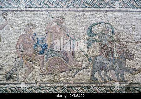 Das Haus des Dionysos Mosaiken, Paphos Archäologischen Park, Zypern: Der Triumph des Dionysos, „Vintage Szenen“ Mosaiken Stockfoto