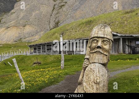 Wikingerdorf in Vestrahorn, Stokksnes, Südküste, Island, Europa Stockfoto