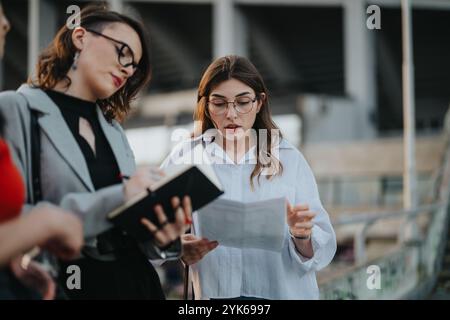 Geschäftsfrauen, die ein Treffen im Freien durchführen, um Dokumente zu diskutieren und Notizen zu machen Stockfoto