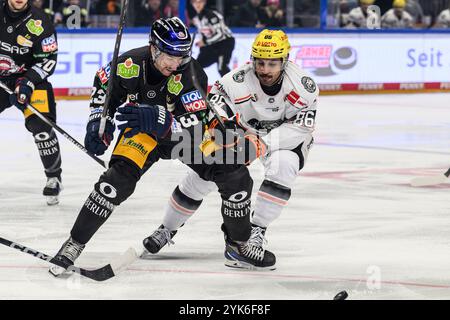 Berlin, Deutschland. November 2024. Deutschland, Berlin, DEL, Eisbaren Berlin vs Loewen Frankfurt, Spielzeit 2024/2025, in der UBER Arena, 17.11.2024, im Bild v.l. Blaine Byron (Eisbaeren Berlin, #23), Cameron Brace (Loewen Frankfurt, #86), Zweikampf, Action, Kampf, kaempft um den Puck, Quelle: HMB Media/Alamy Live News Stockfoto