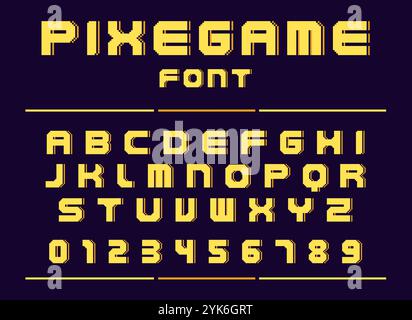 Schriftart für Pixel-Spiel. Alphabet im Retro-Computerstil. 8-Bit-Arcade-Spiele für Design-Buchstaben und -Zahlen. Spielschriftart der 90er Jahre. Gamer-Text. Comic Cyber Let Stock Vektor